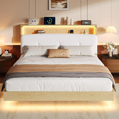 Queen Size Bed Frame  With 2-tier Storage Velvet Fabric Upholstered Headboard, Wooden Platform Bed Frame W/charging Station & Led Lights,natural