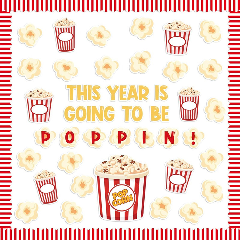134 pièces de décorations de tableau d'affichage Popcorn Back to School - «poppin», découpes de classe, étiquettes et bordure décorative