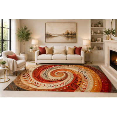 Grand tapis spiralé Boho de 6 pi 7 po x 9 pi 10 po «Ultra Light Poids» pour le salon, tapis doux à poils courts avec envers en silicone antidérapant, pour la chambre à coucher, la salle à manger et le bureau, orange, adapté aux intérieurs modernes