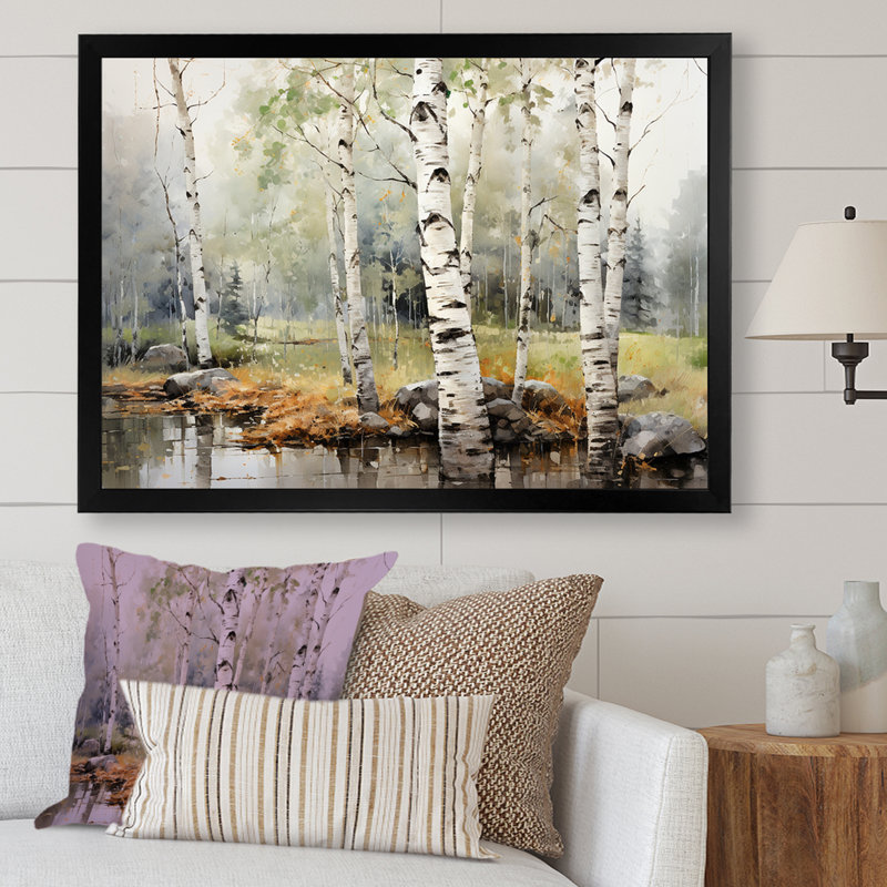 «Green Birch Wood Beauty I - Tree Birch», reproduction sur toile encadrée, H 12 po x l 20 po x P 1 po, Cadre simple noir