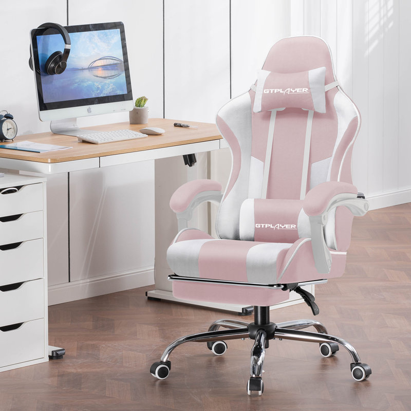 GTPLAYER Adjustable Reclining Ergonomic Swiveling PC & Racing Game Chair with Footrest, Pink, Fabric