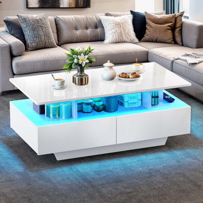Table basse à DEL Curtisville avec grand rangement et 4 tiroirs spacieux pour un salon élégant