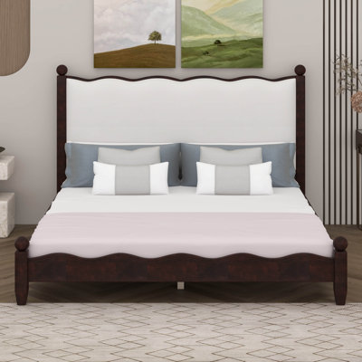 Platform Bed With Upholstered Scalloped Headboard, Wood Frame