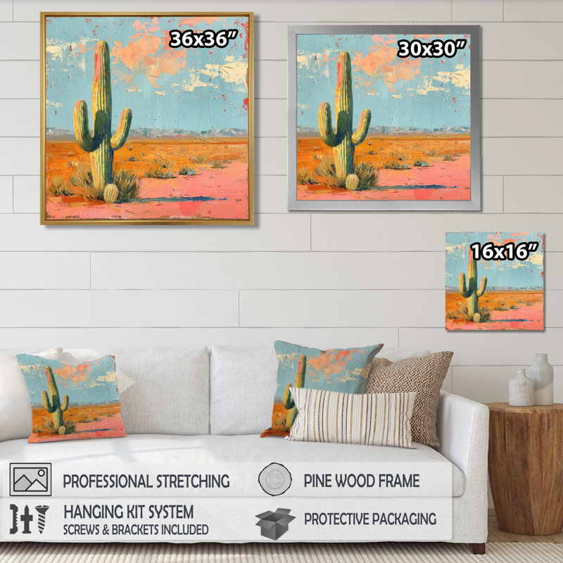 Cactus rétro rose du sud-ouest - Cactus, art mural, Toile avec cadre flottant brun, H 16 po x l 16 po x P 1 po