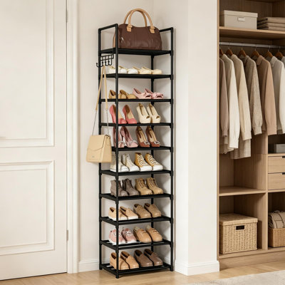 Narrow Shoe Rack 10 Tiers Tall Shoe Rack for Entryway Closet 20 24 Pairs Shoe & Boots Organizer Storage Shelf Durable Black Metal Stackable Shoe Cabin