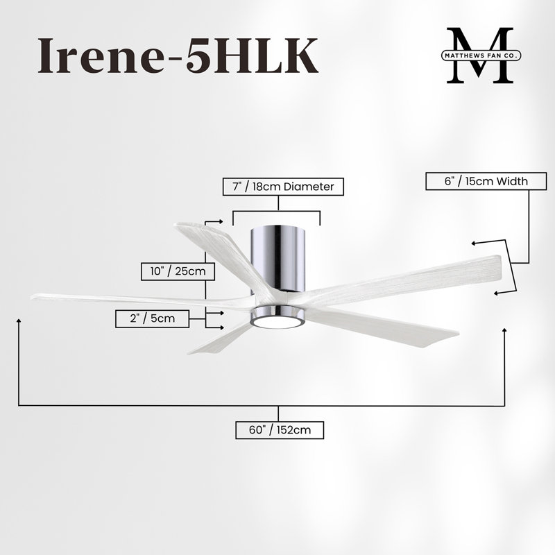 Irene Flushmount Light Kit 5 Blade LED Ceiling Fan, Polished Chrome, 60", Matte White