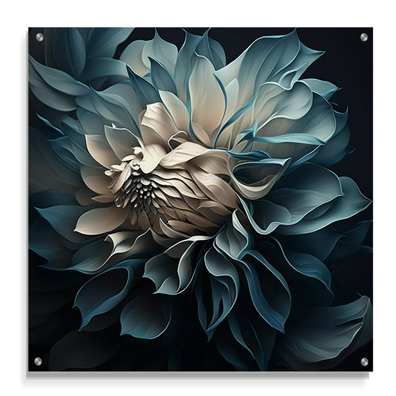 Fleurs bleues et blanches Dahlia I - art mural en acrylique Dahlia pour le salon, H 16 po x l 16 po