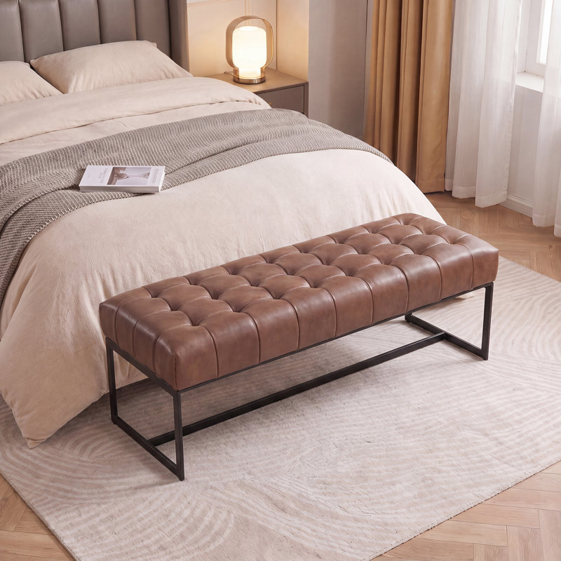 130cm Wide Genuine Leather Bench Tufted Iron Frame , Brown