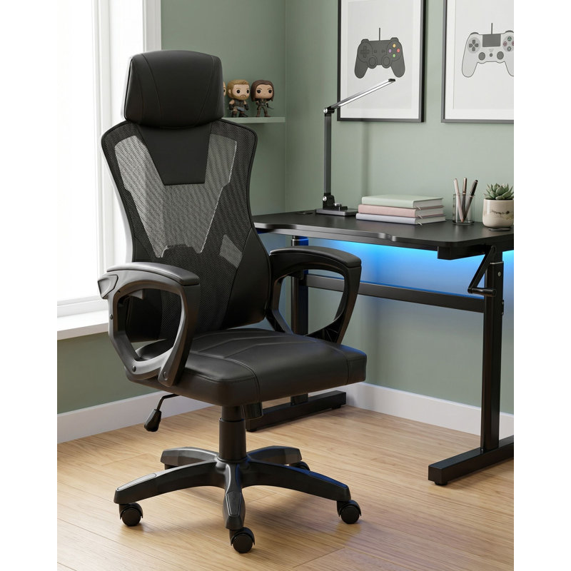 Metro Lane Dekhari Gaming Chair with Headrest, Black, Black