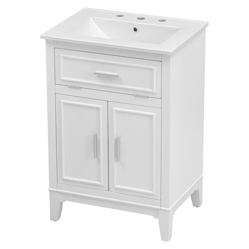 Meuble-lavabo 24 po avec lavabo, meuble-lavabo avec un tiroir rabattable et portes, bois massif et panneau de fibres à densité moyenne 24 po