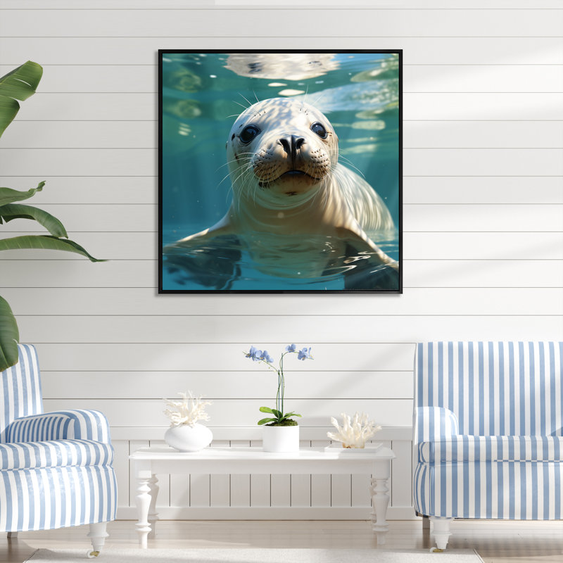 «Marine Whispers Sea Lions At Play I» - art mural  / otarie, Cadre flottant noir, H 16 po x l 16 po x P 1 po