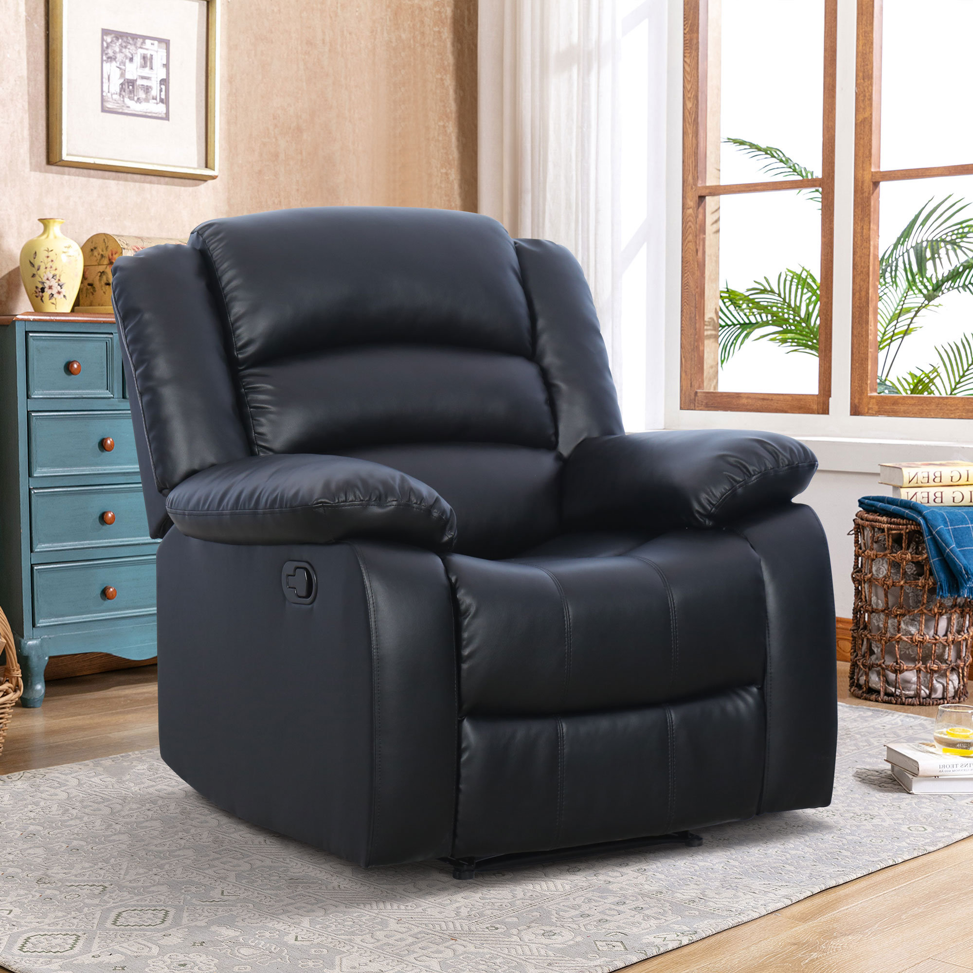 Emryn 37.1 Wide Modern Breathable Faux Leather Manual Recliner with Overstuffed Arm and Back Red Barrel Studio Upholstery Color Black