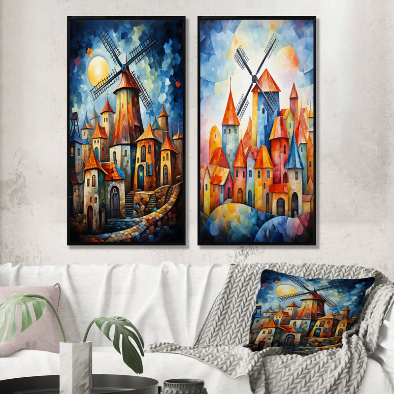 Colorful Windmill Village I - Wind Turbines Wall Decor Set Of 2, 28" H x 25" W, Black Floater Framed