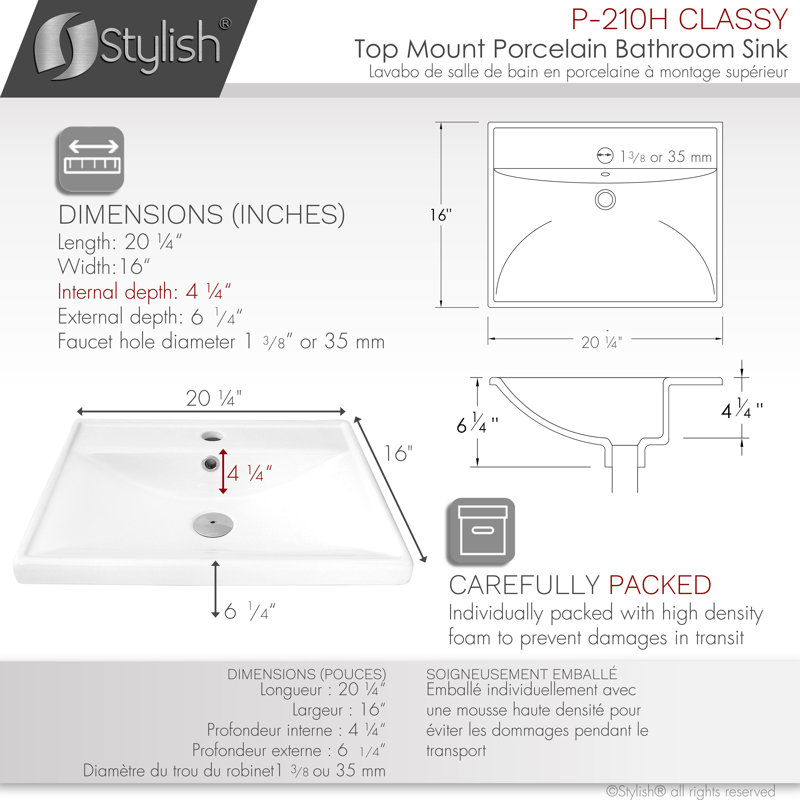 White Rectangular Ceramic Drop-In Bathroom Sink with Overflow