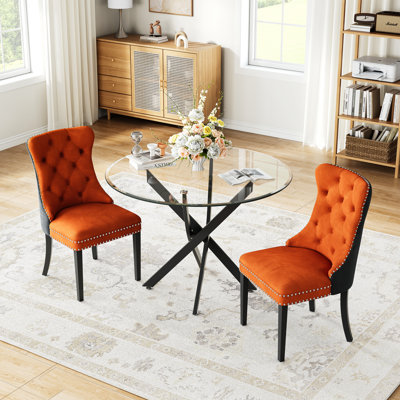 3-Piece Dining Table Set, 36" Round Tempered Glass Table And 2 Tufted Velvet Upholstered Chairs With Nailhead Trim And Pull Ring
