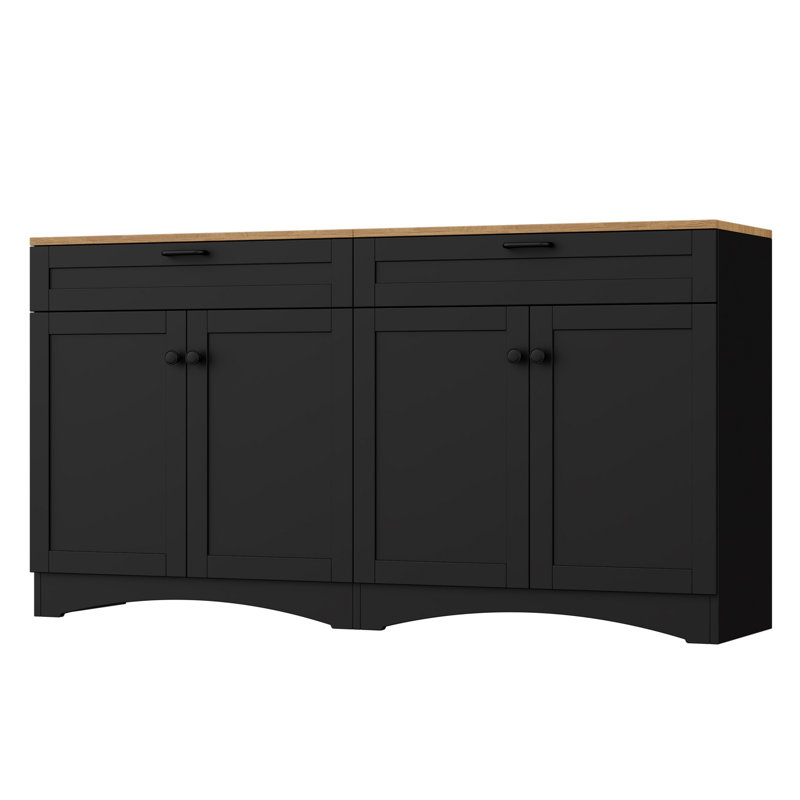 Buffet Mid-Century avec poignées rustiques, Noir, noir, noir, noir