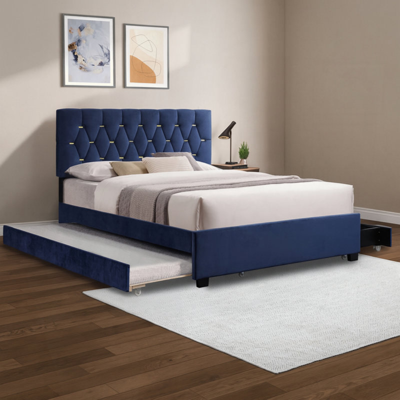 Lit en velours moderne avec lit gigogne double et 2 tiroirs de rangement