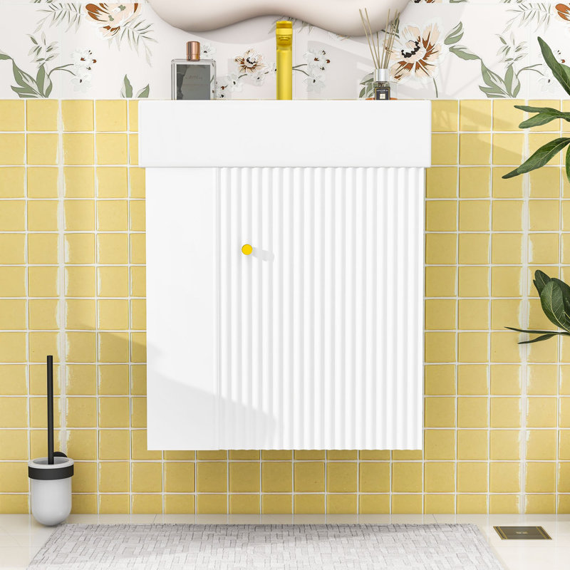 Meuble-lavabo moderne flottant avec porte à motif de vagues, lavabo en céramique et tablettes de rangement, Gris