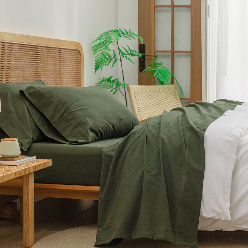 Ensemble de draps 100% coton délavé Bestouch BestOUCH, Ensemble de draps très grand californien avec 2 t, Vert olive