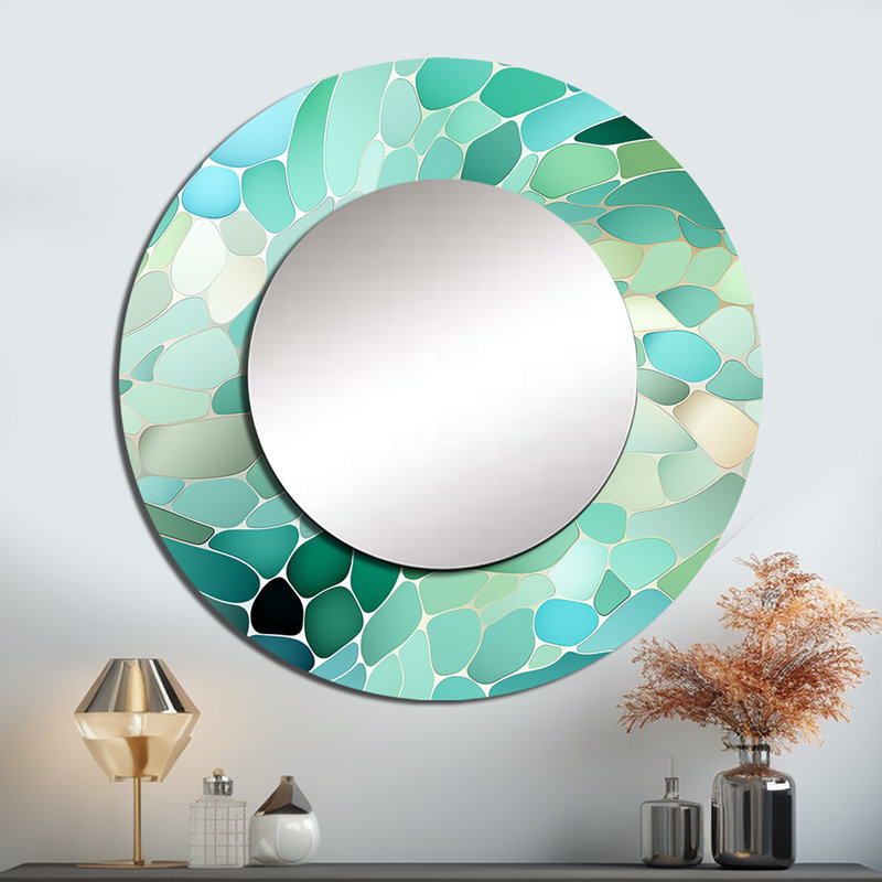 Motif de bord de mer mosaïque émeraude - miroir abstrait, miroir mural rond rond vert, impression d'art en métal
