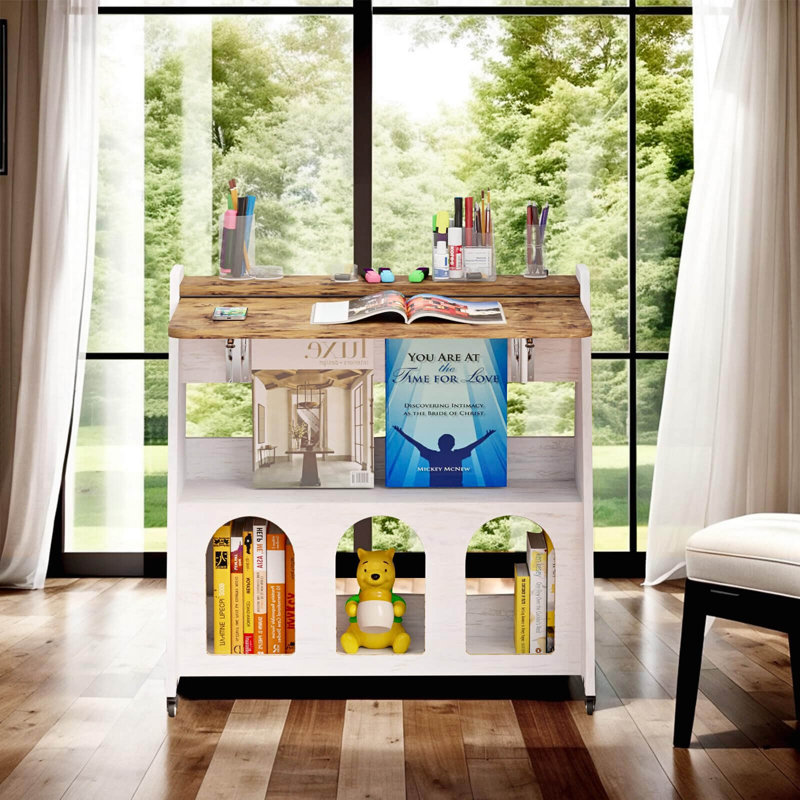 Bureau à roulettes pliable blanc brun, poste de travail mobile avec armoire de rangement, bureau à roulettes en bois pour bureau à domicile, ordinateur portable, canapé, lit