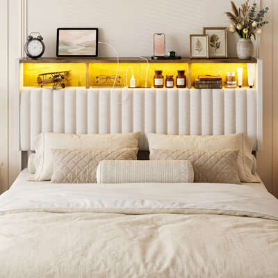 Queen Size Storage Headboard Only, Velvet Upholstered Head Board With Led Lights & Charging Station, Adjustable Height, Easy Assembly, Modern Freestanding Headboard, White