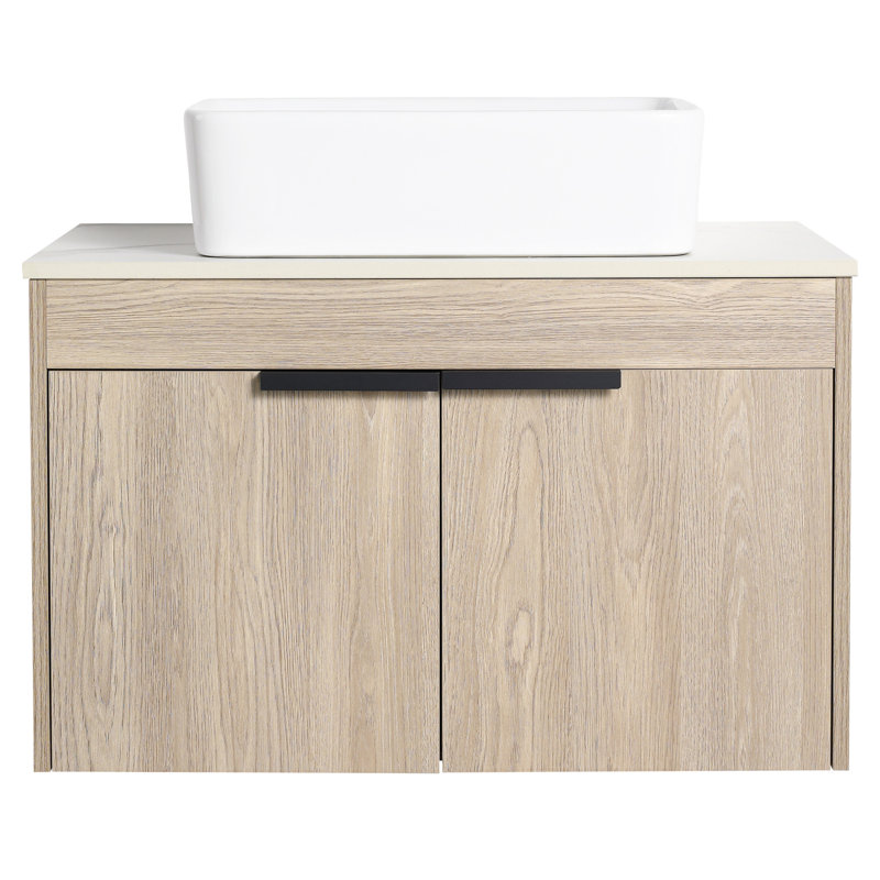 Meuble-lavabo mural de 30 po en chêne blanc avec cuve en céramique, porte à fermeture silencieuse, lavabo de rangement abondant en chêne, espace de fermeture calme