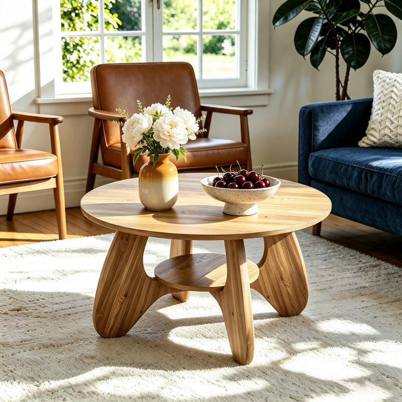31.5" Circle Coffee Table for Living Room, 2-Tier Wood Accent Center Table with Open Storage, Oak
