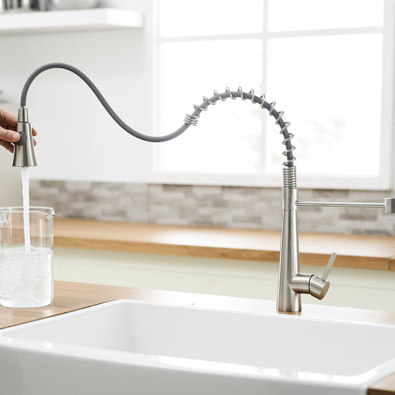 Contemporary Brushed Nickel Kitchen Faucet With Pull-Out Spray - Stylish And Practical Head Elegant Appearance