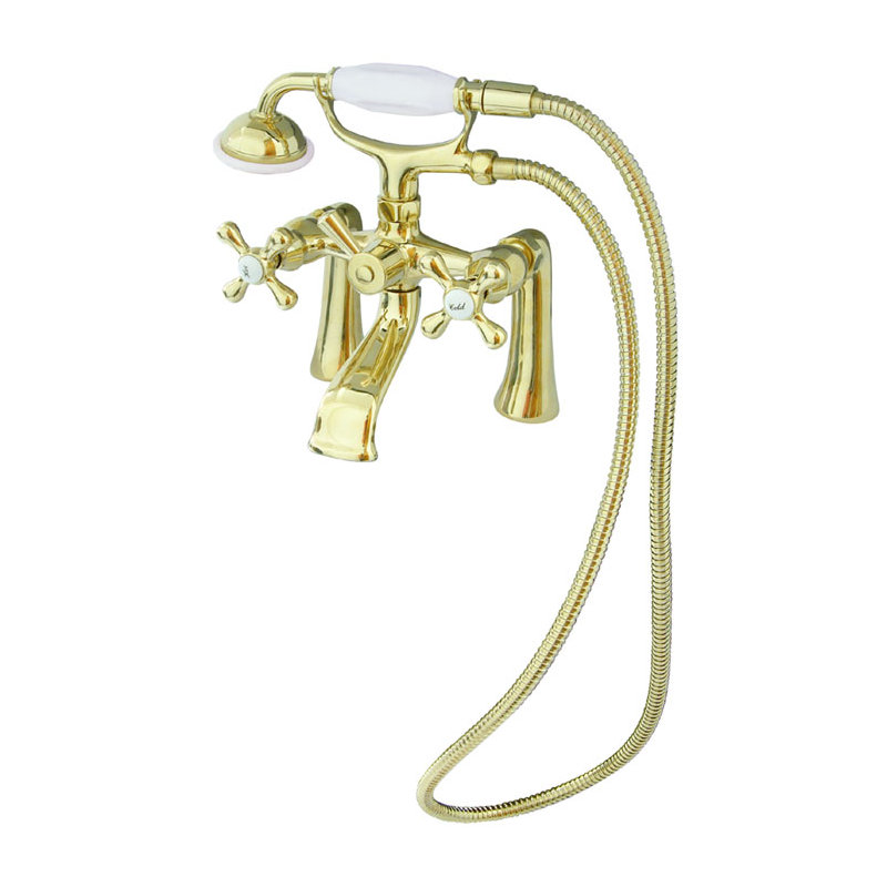 Triple Handle Wall Mounted Clawfoot Tub Faucet with Handshower, Polished Brass