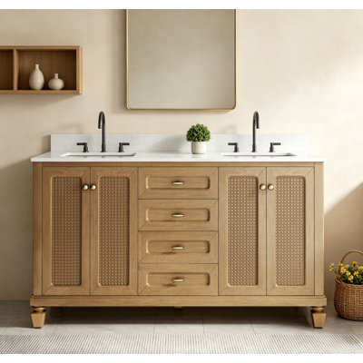 Meuble-lavabo double 60 po avec comptoir en marbre d'ingénierie, lavabo en céramique, dosseret
