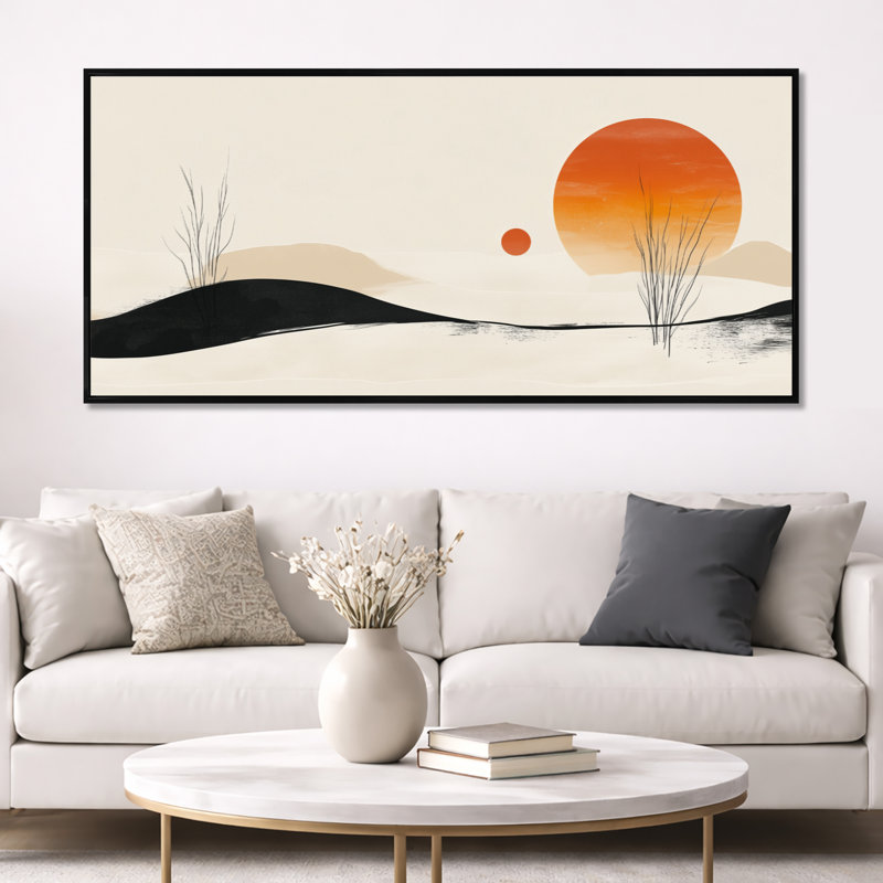«Orange Black Orange Sun Over Quiet Dunes I», reproduction d'art sur toile, H 28 po x l 60 po, Cadre flottant noir