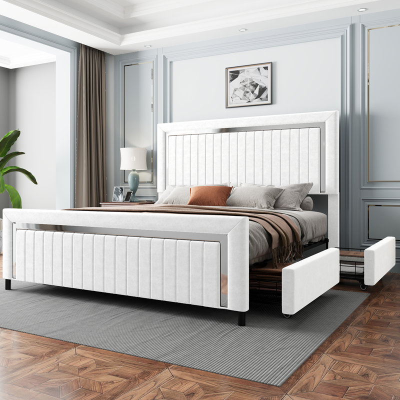 Deovion LED Upholstered 4-Drawer Platform Bed, Queen, White