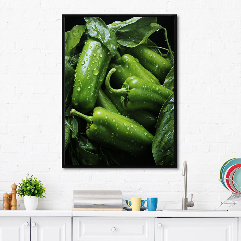 " Jade Green Pepper Vegetable I ", 40" H x 30" W x 1.5" D, Black Floater Framed