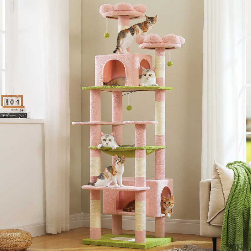 Tour pour chat de 81 pouces de haut avec 2 perchoirs, 2 condos et hamac spacieux, très grand condo avec 7 poteaux à griffer pour chats adultes et plus de 20 lb