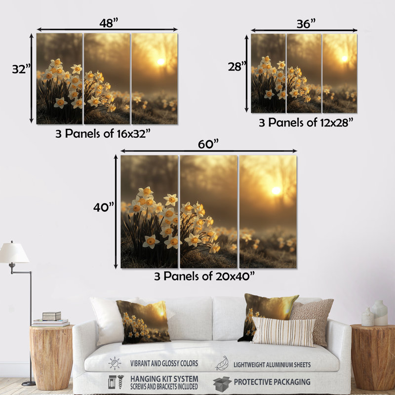 «Beige Yellow Summer Golden Hour Daffodils» - ensemble de reproductions d'art mural jonquilles, Métal métal