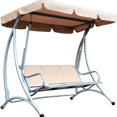 Balancelle de véranda d'extérieur beige avec auvent réglable et structure en acier - Patio pour 3 sièges pare-soleil