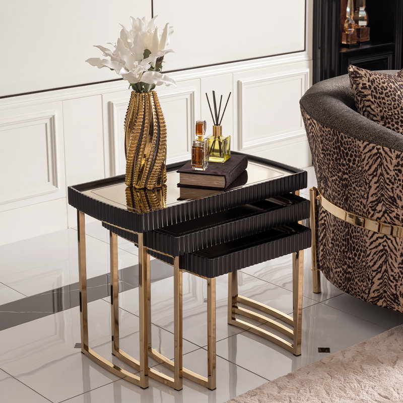 Black and Gold Mirrored Metal Nesting Tables Set