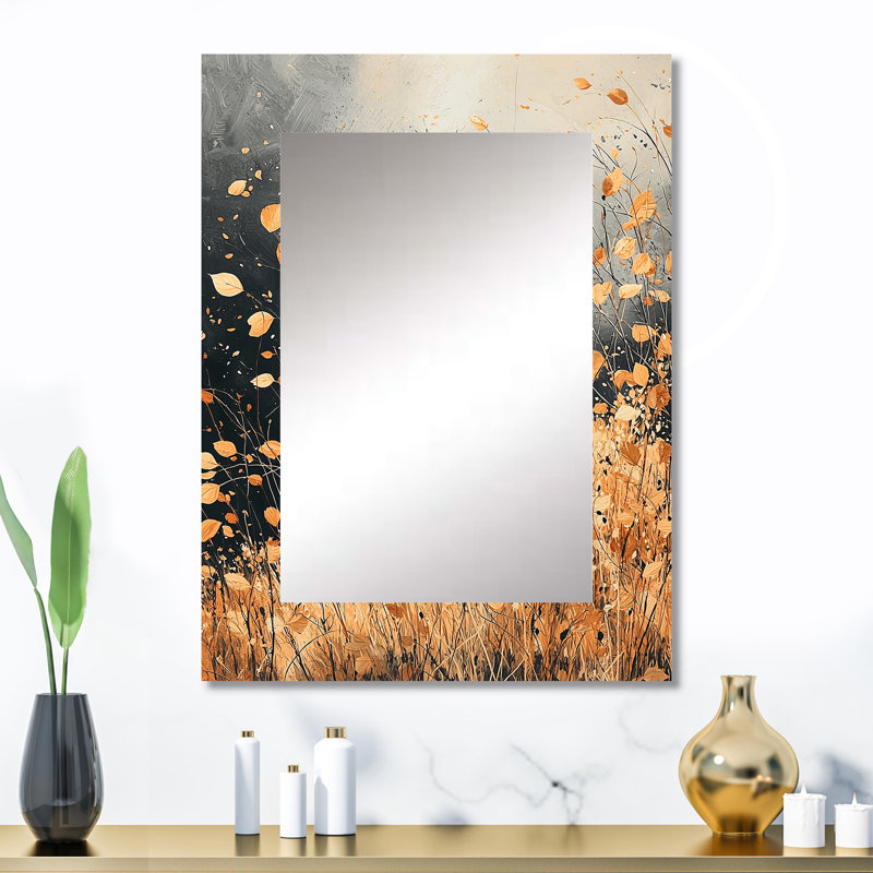 Windy Prairie Leaves I - Meadow, miroir mural unique, art traditionnel imprimé en métal, 32 po x 24 po