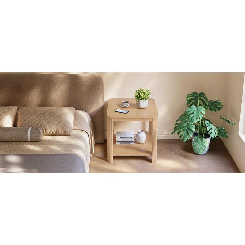 Ensemble de 2 tables de bout arrondies de coin avec table de chevet carrée de 22,1 po avec pieds à vagues verticales, table d'appoint Boho à 2 niveaux pour le salon, la chambre à coucher et le bureau personnel (chêne)