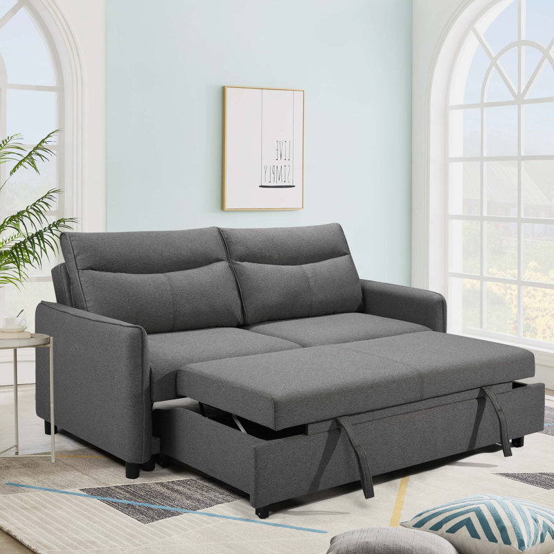Firm round Arms Sleeper Sofa 3 in 1 Convertible Sleeper Sofa Bed with Pull Out Bed, Gray Fabric, 38" H x 87" W x 40.5" D