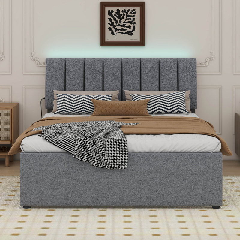 Teddy Fleece Full Size Upholstered Platform Bed with Trundle, Gray