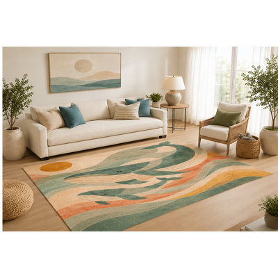 "Ultra Lightweight" 5' x 7' Ocean Whales Area Rug for Living Room, Soft Low Pile Indoor Rug with Non-Slip Silicone Backing, Decorative Carpet for Bedroom, Dining Room, Office, Family Room, Brown