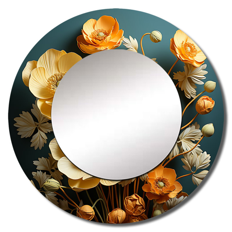 Rhue jaune Buttercups Realistic Radiance I - miroir décoratif Buttercups, grand miroir mural rond traditionnel, impression d'art en métal