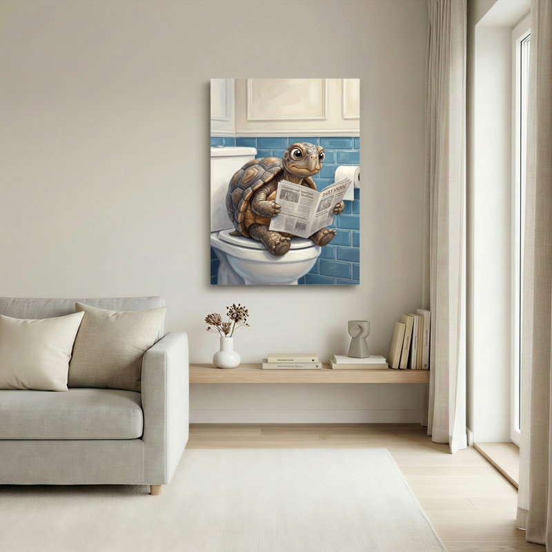 Ensemble de 1 tableau sur toile représentant une tortue lisant un journal sur les toilettes, H 24 po x l 16 po