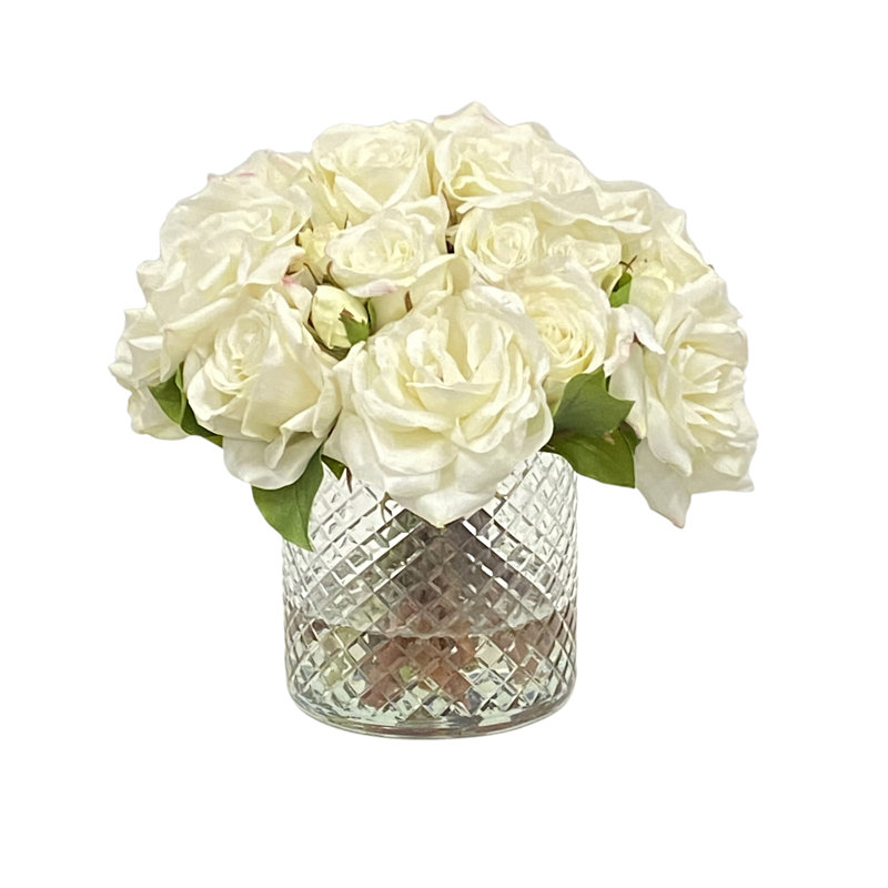 WHITE ROSES IN ETCHED VASE