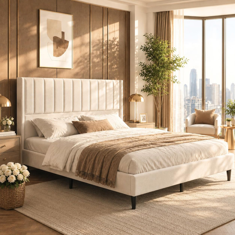 Structure de lit grand format en velours avec tête de lit à oreilles de 52 po de hauteur | Rangement sous le lit, tête de lit haute, style Morden, assemblage simple, dossier rembourré confortable