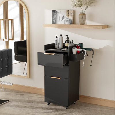 Wooden Salon Trolley With 2 Drawers And 1 Storage Cabinet In Black