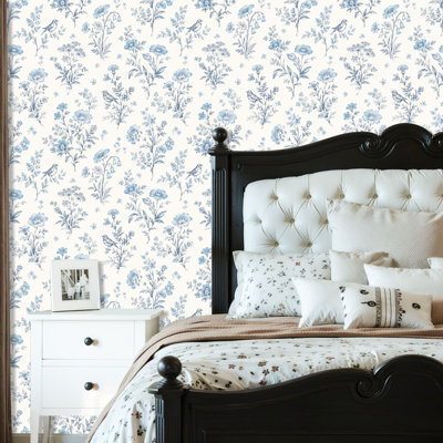 Papier autocollant à peler et coller avec oiseaux en toile à motif floral bleu auto-adhésif et amovible 24 po x 118 po (60 x 300 cm)