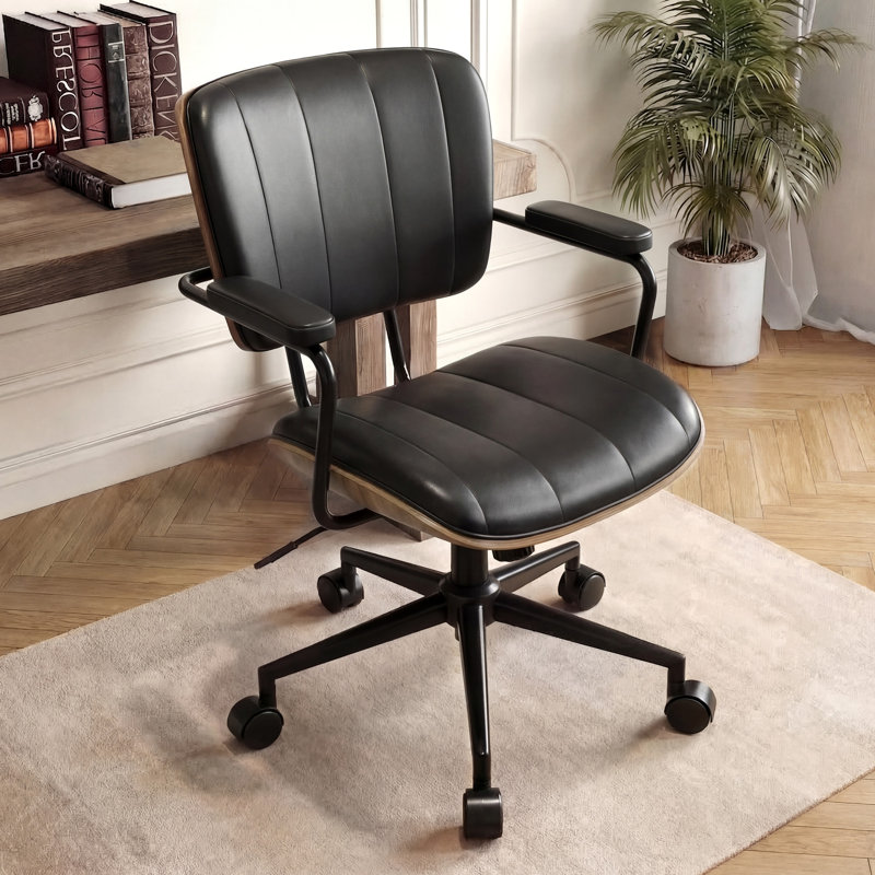 Pu Leather With Modern Walnut Drafting Office Chairs, Black